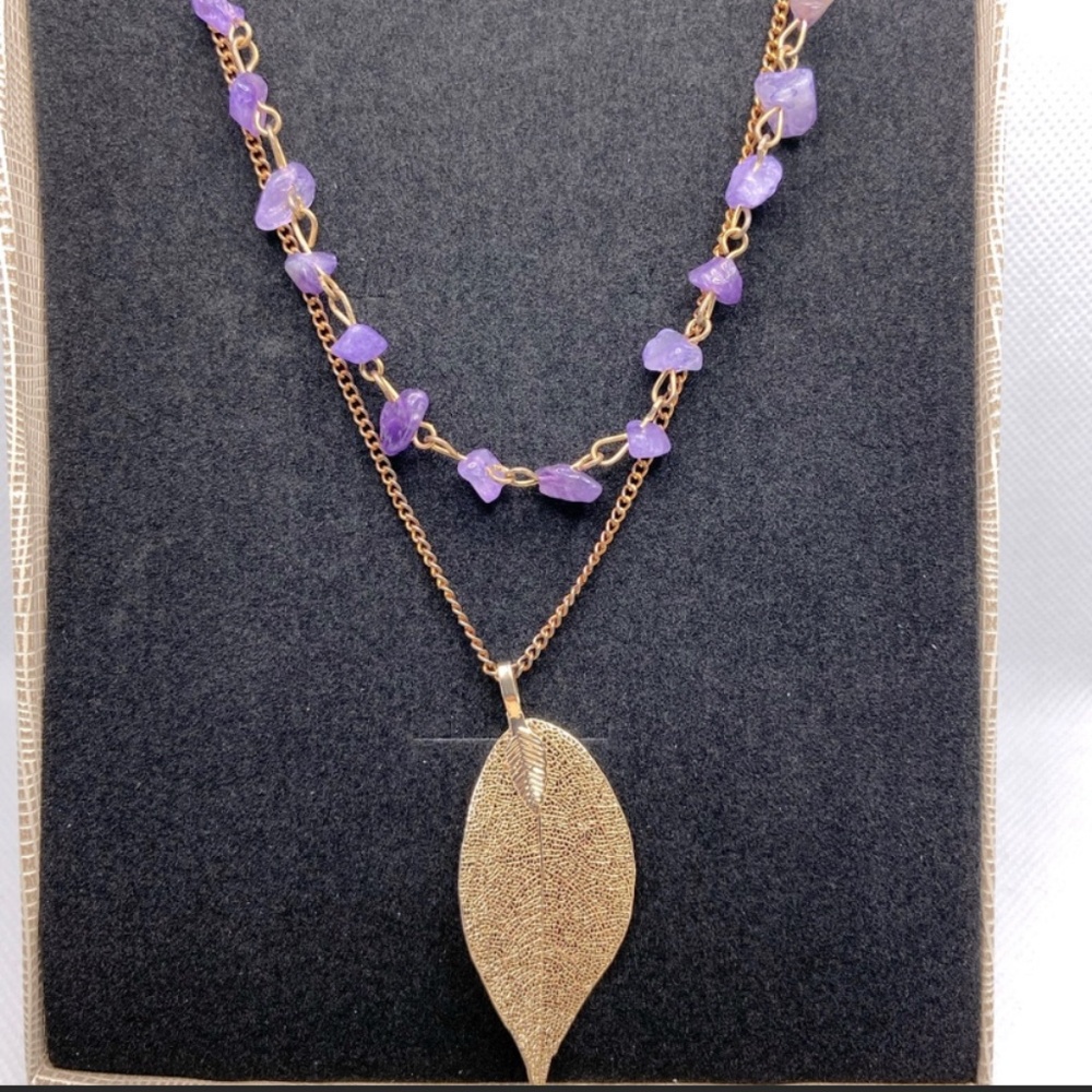 Purple Crystal Quartz Pendant Natural Leaf Necklace